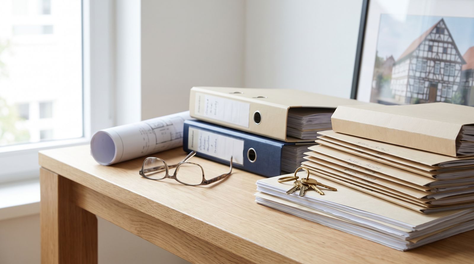 Unterlagen Baufinanzierung – Checkliste mit Ordnern und Immobilienschlüssel