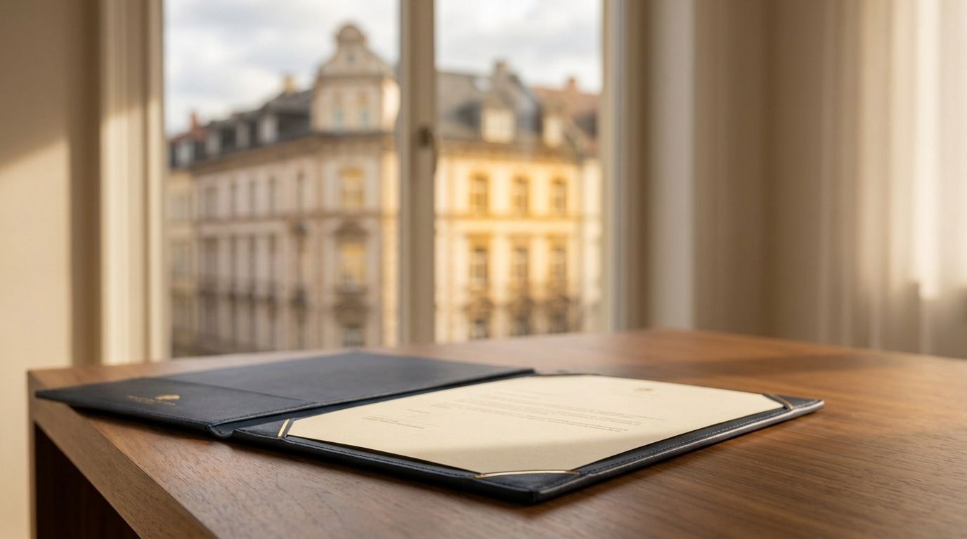 Dokument einer Finanzierungsbestätigung auf einem Schreibtisch mit Blick auf eine Münchner Wohnimmobilie